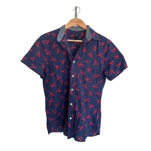 J Crew Men's Small Navy Red Lobster Short Sleeve Button Down Top Nautical - Picture 1 of 5